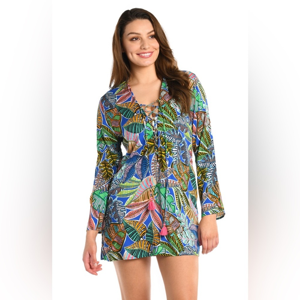 La Blanca Blue Green Tropical Print‎ Swim Cover size M Resort Travel